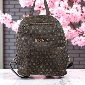 DKNY Logo Monogram Backpack | Brown Faux Leather Bookbag